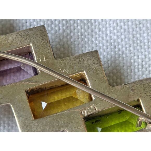 Vintage 925 Sterling Silver Marcasite Semi Precious Stones Pin Brooch - Picture 3 of 4